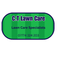 The logo C.T Lawn Care, oblong shape with grass strips with purple text