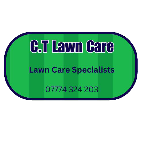 The logo C.T Lawn Care, oblong shape with grass strips with purple text