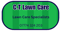 The logo C.T Lawn Care, oblong shape with grass strips with purple text