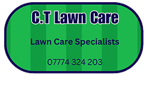 The logo C.T Lawn Care, oblong shape with grass strips with purple text